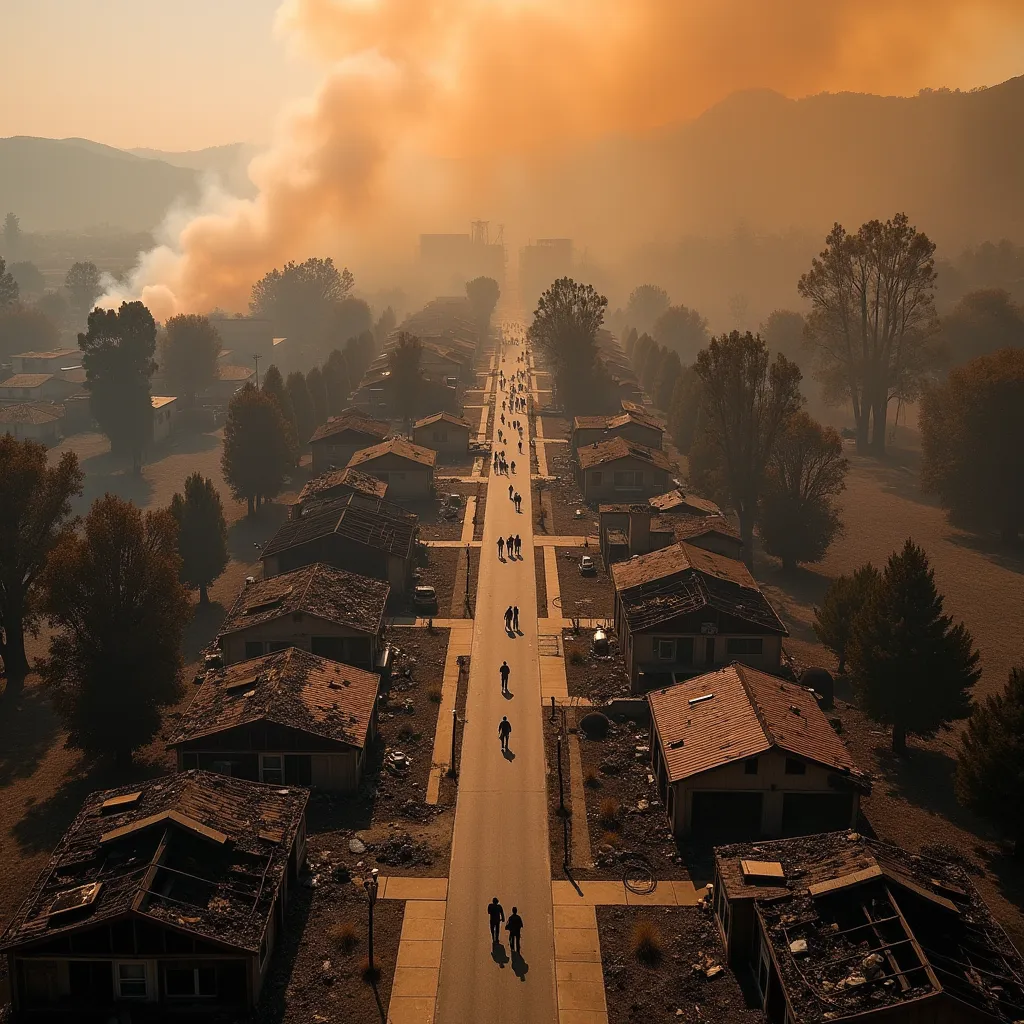 Los Angeles wildfire aftermath - devastated neighborhood with orange smoke-filled sky