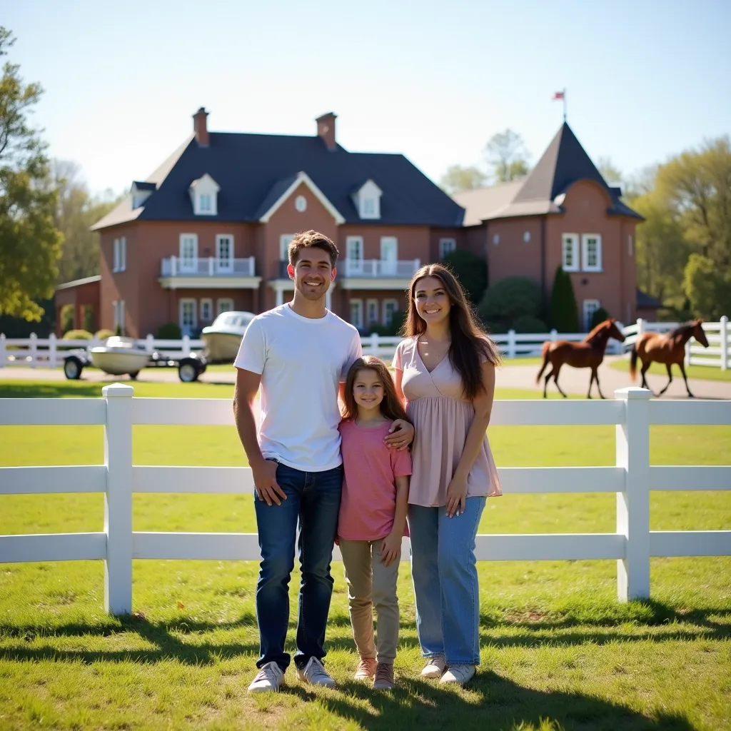Happy family of three standing by white fence with ranch estate and horses in background